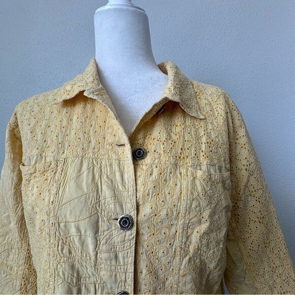 Chico’s Bomber Jacket Yellow 100% Cotton Collar SZ 2 or M - Picture 3 of 11